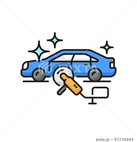 Car care icon, wash cleaning or wax polish service, carwash vector line symbol. Car care icon of varnishing, scratch restoration and refurbish polishing, car maintenance service linear pictogram 97238804