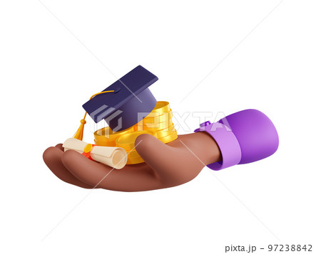 3d render hand with money, diploma, academic cap 97238842