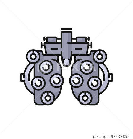 Phoropter, eye ophthalmology test vector icon of optometry. Phoropter, optometrist eyesight and eye vision diagnostic device, optician examination refractor machine with lens glasses 97238855