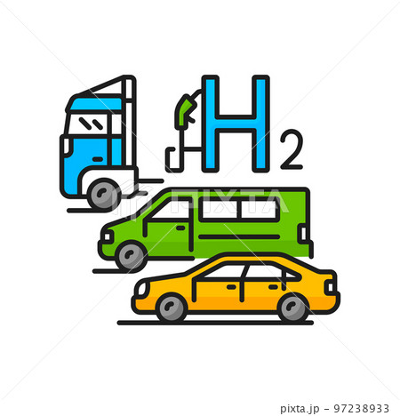 Hydrogen energy in cars, green fuel and H2 power vector color icon. Renewable energy production, Hydrogen fuel in transport and automobile industry, oxygen cells electricity in automotive technology 97238933
