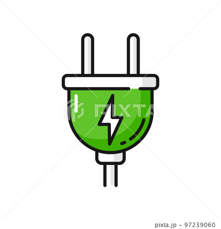 Electric car charging power socket with cable isolated green color icon. Vector thunderbolt and electricity sign. Electrical wire charger sign Electric car charging power socket with cable isolated green color icon. Vector thunderbolt and electricity sign. Electrical wire charger sign 97239060