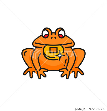 Frog with money coin, chinese Feng Shui symbol color outline icon. Vector Feng Shui charm and prosperity symbol. Jin Zhaocai Chan Chu money road frog 97239273