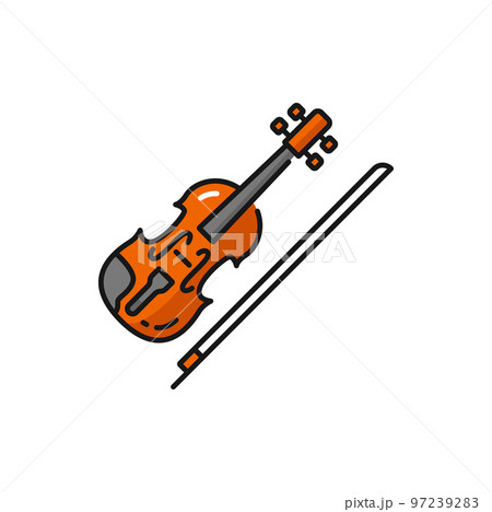 Violoncello stringed instrument of German color outline icon. Vector violin fiddle with bow, musical instrument cello, Germany orchestra sign 97239283