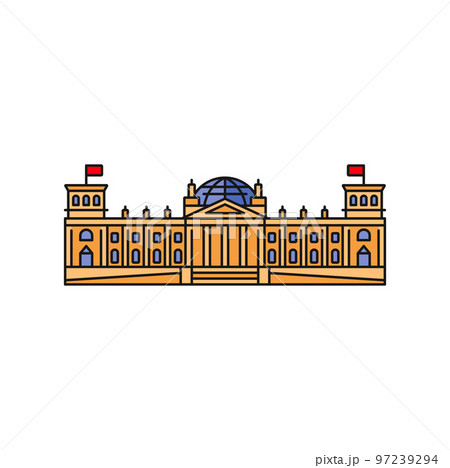 Reichstag building in Berlin, Germany isolated color outline icon. Vector Bundestag German travel landmark, colorful Reichstag building front view Reichstag building in Berlin, Germany isolated color outline icon. Vector Bundestag German travel landmark, colorful Reichstag building front view 97239294