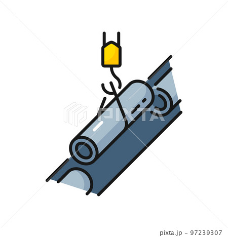 Metal pipe on tap isolated pipeline construction color outline icon. Vector lifting hook moving loads with iron pipe, oil and gas industry equipment 97239307