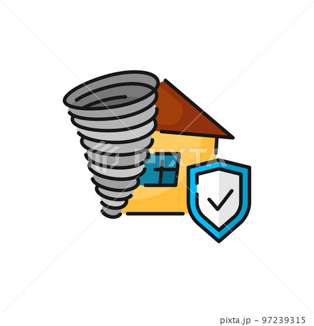 Private property insurance from natural disaster tornado isolated color outline icon. Twisted house and protective shield, building protection Private property insurance from natural disaster tornado isolated color outline icon. Twisted house and protective shield, building protection 97239315