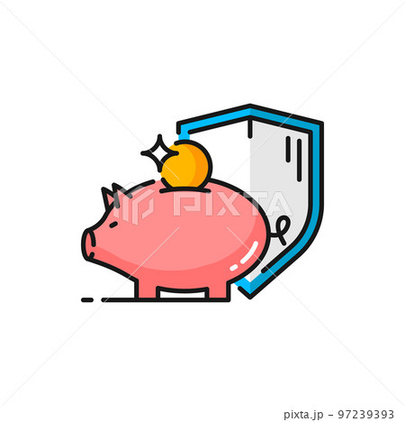 Personal savings, isolated save money insurance color outline icon. Vector financial loss protection symbol, risk management sign, piggy bank with shield 97239393