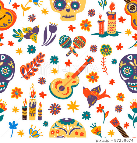 Day of the dead mexican holiday symbols seamless pattern 97239674