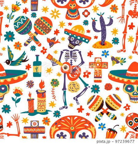 Dia de los muertos, skeleton playing guitar vector 97239677