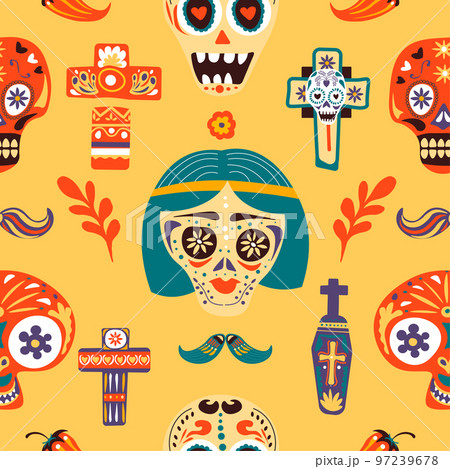 Dia de los muertos, skulls and crosses seamless pattern Dia de los muertos, skulls and crosses seamless pattern 97239678