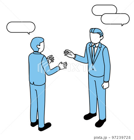 報告・連絡・相談をする2人のサラリーマン(ビジネスマン)、吹き出しつき 報告・連絡・相談をする2人のサラリーマン(ビジネスマン)、吹き出しつき 97239728