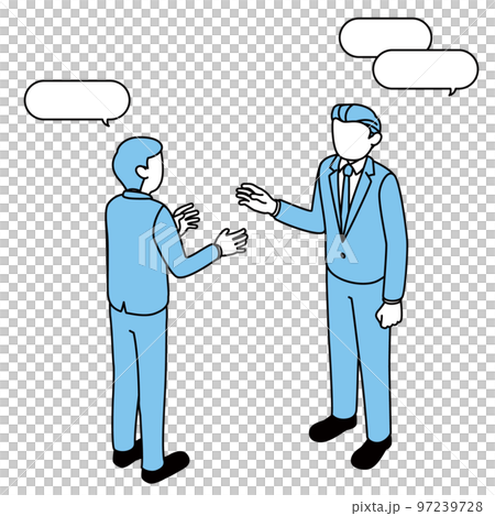 報告・連絡・相談をする2人のサラリーマン(ビジネスマン)、吹き出しつき 報告・連絡・相談をする2人のサラリーマン(ビジネスマン)、吹き出しつき 97239728