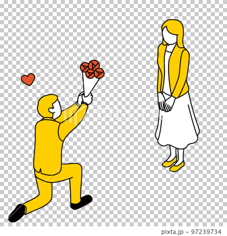 A man on one knee proposes to a woman, giving her a bouquet of roses 97239734