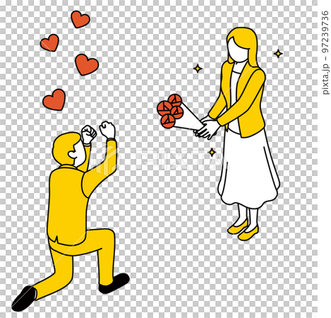 一個單膝跪地的男人向一個女人求婚，一個女人接受一束玫瑰 97239736