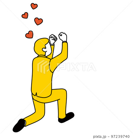 片膝をついて歓喜する男性、告白・プロポーズ・マッチングの成功 97239740