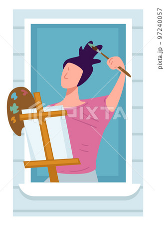 Artist drawing on easel on balcony, quarantine activities 97240057