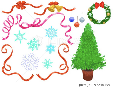 リボンとクリスマスツリーとリースと雪の結晶のセット素材 97240159