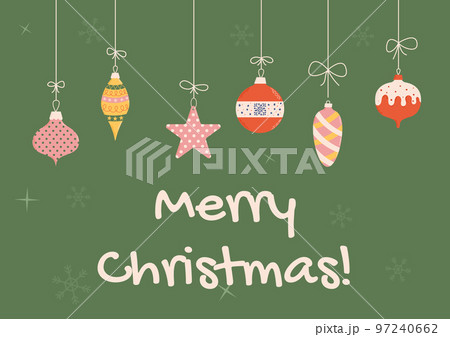 Groovy Christmas card with christmas toys. Christmas and New Year celebration concept. Good for greeting card, invitation, banner, web design. 97240662