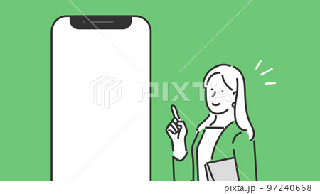 スマートフォンの画面を指差しして説明をするビジネスパーソンのイラスト素材 スマートフォンの画面を指差しして説明をするビジネスパーソンのイラスト素材 97240668