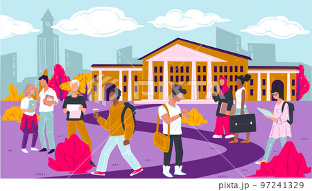 University with students outdoors, teenagers preparing for classes 97241329