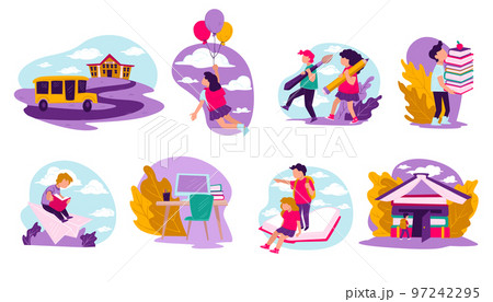 Pupils studying at school, kids with books vector Pupils studying at school, kids with books vector 97242295