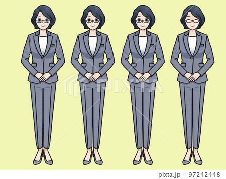 グレーのパンツスーツ眼鏡女性シンプル　黄色 97242448
