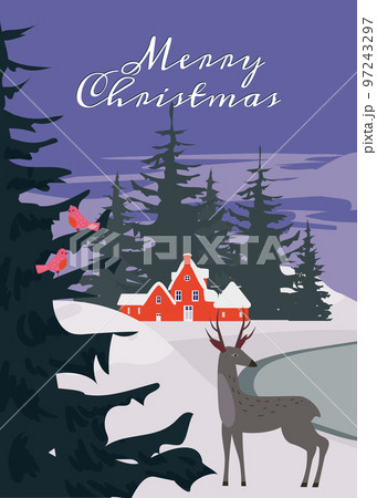 Retro poster Winter village rural winter snow landscape, Merry Christmas retro greeting card 97243297