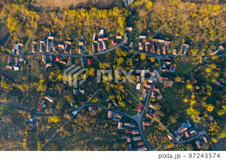 Aerial drone point of view of village streets in the autumn Aerial drone point of view of village streets in the autumn 97243574