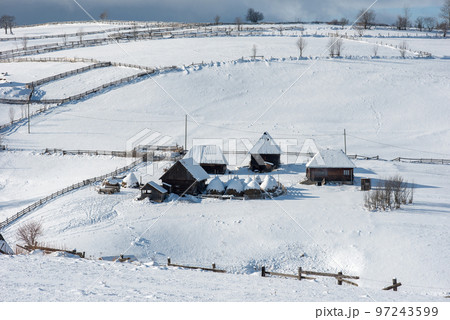 Winter mountain village landscape Winter mountain village landscape 97243599