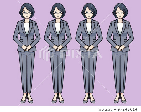 グレーのパンツスーツ眼鏡女性シンプル　紫 97243614