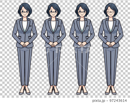 グレーのパンツスーツ眼鏡女性シンプル　紫 97243614