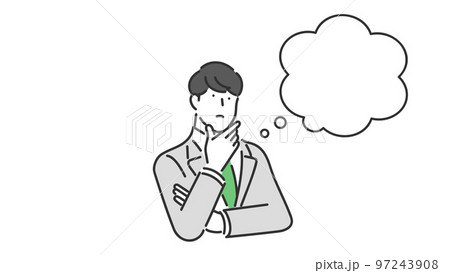 何かについて考えているスーツを着た男性のビジネスパーソンのイラスト素材 97243908