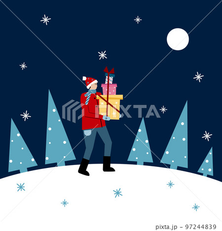Cute Christmas vector illustration of a man with red hat and scarf is holding stack of presents, carrying to home or office against dark sky, snow and moon. Christmas preparations. 97244839