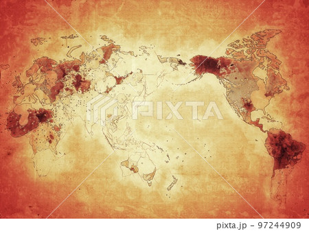 古い質感の汚れた茶色い紙に描かれた世界地図の背景 古い質感の汚れた茶色い紙に描かれた世界地図の背景 97244909