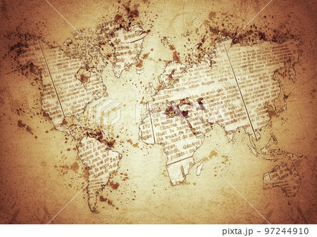 古い質感の汚れた茶色い紙に描かれた世界地図の背景 古い質感の汚れた茶色い紙に描かれた世界地図の背景 97244910