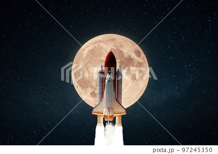 Amazing space shuttle rocket with blast successfully takes off into the starry sky with a big full moon. The beginning of the lunar mission and space ship launch. Science and technology concept Amazing space shuttle rocket with blast successfully takes off into the starry sky with a big full moon. The beginning of the lunar mission and space ship launch. Science and technology concept 97245350