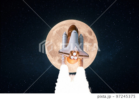 New space rocket shuttle with blast takes off into starry space with full amazing moon. Successful launch and lift on spacecraft to the moon. Start space expedition mission to the moon 97245375