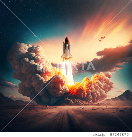 Amazing space shuttle rocket with smoke and blastoff is successfully launched into the starry sky. Red planet mars with desert, mountains successfully take off spacecraft. Creative rocket concept Amazing space shuttle rocket with smoke and blastoff is successfully launched into the starry sky. Red planet mars with desert, mountains successfully take off spacecraft. Creative rocket concept 97245379