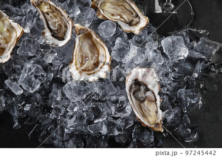 Fresh opened oysters in ice on a black stone textured background. Top view. Close-up shot. 97245442