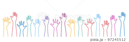 Hands raised up. Group of diverse human arms. Hands raised up. Group of diverse human arms. 97245512
