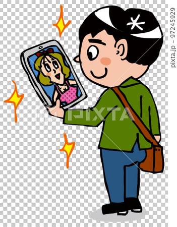 携帯に保存されたお気に入りの女性の写真を眺める男性 携帯に保存されたお気に入りの女性の写真を眺める男性 97245929