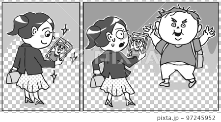 もらった写真と待ち合わせに現れた実物が違いすぎて慄く女性の2コマまんが　モノクロ 97245952