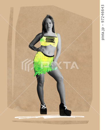 Contemporary art collage. Creative design with drawings. Sketches. Hip-hop outfit. Young girl in neon summer costume 97246643