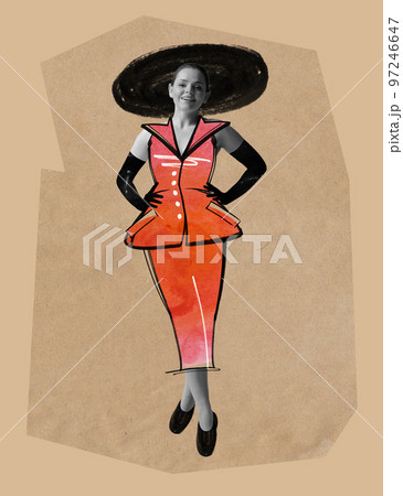 Contemporary art collage. Creative design with drawings. Elegant woman in stylish red costume and flat hat Contemporary art collage. Creative design with drawings. Elegant woman in stylish red costume and flat hat 97246647