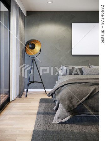 Mockup bedroom interior design and decoration in dark tone bedding grey carpet on wooden parquet floor empty photo frame on concrete wall. 3d renderings. 97246682