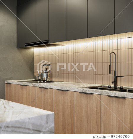 3d rendering close up modern kitchen counter and cabinet. 3d background 3d rendering close up modern kitchen counter and cabinet. 3d background 97246700