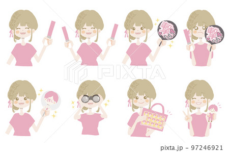 【オタクイラスト/ペンラ、うちわ、双眼鏡、痛ば、ぬいを持っている】表情とポーズのバリエーションセット 97246921