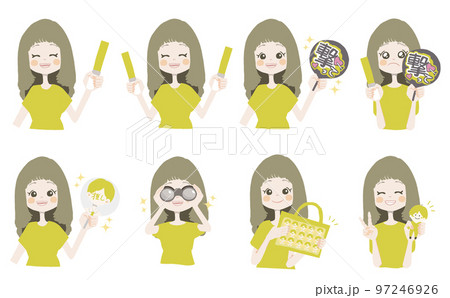 【オタクイラスト/ペンラ、うちわ、双眼鏡、痛ば、ぬいを持っている】表情とポーズのバリエーションセット 97246926