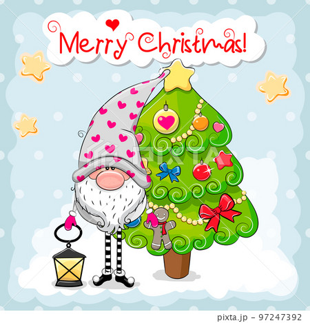 Greeting Christmas card with cute Gnome and Tree on a blue background. Vector illustration Greeting Christmas card with cute Gnome and Tree on a blue background. Vector illustration 97247392