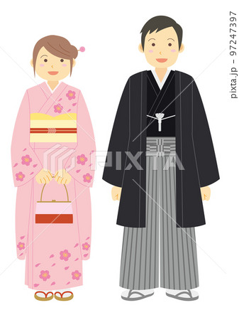 着物を着た女性と袴を着た男性のイラストのイラスト素材